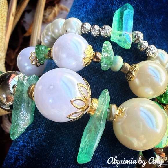 Bold grandma approved Pearl turquoise green quartz and gold Bracelet stack